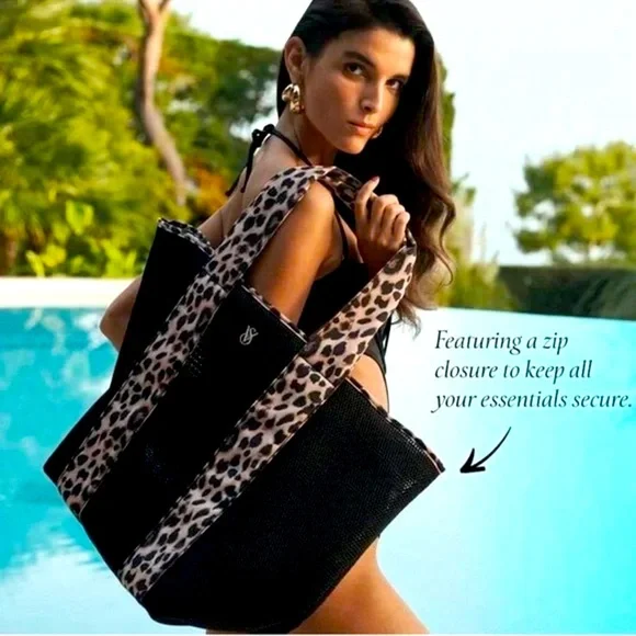 VS Leopard Print Black Mesh Tote Top Zip Closure Bag 14"L x 15"H x 10"D - Picture 2 of 7